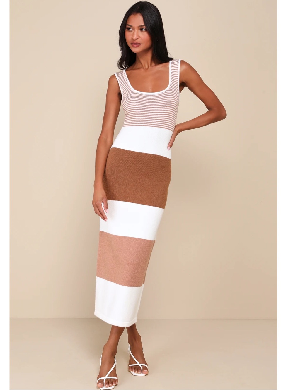 Lulus Easily Gorgeous Ivory and Brown Striped Knit Tank Midi Dress Vacation